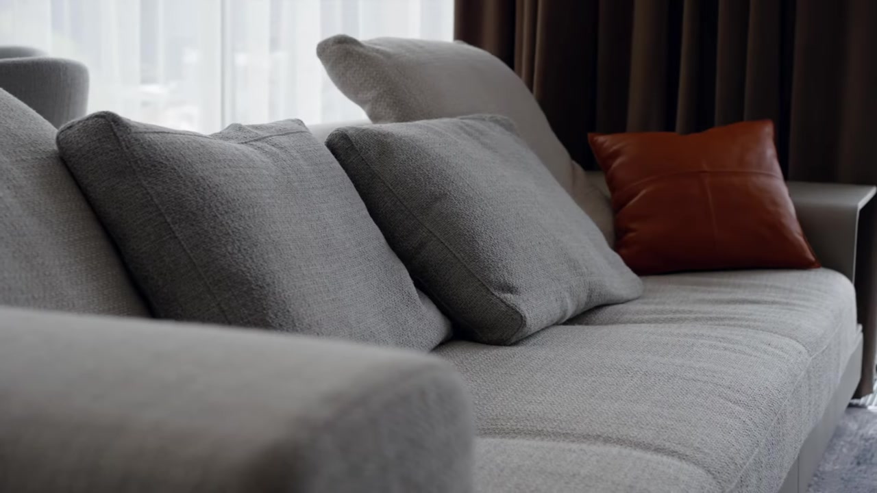 Sofa detail with an accent leather cushion