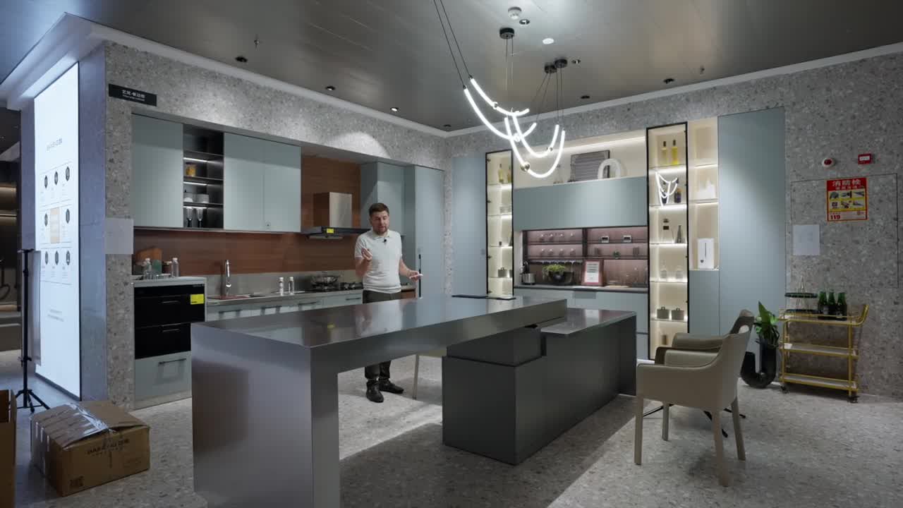 Kitchen из нержавеющей стали с островом в шоуруме завода в Китае