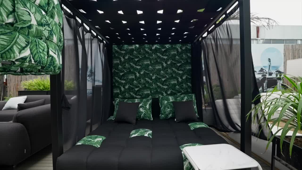 Outdoor area с перголой и лежаками на крыше фабрики в Китае